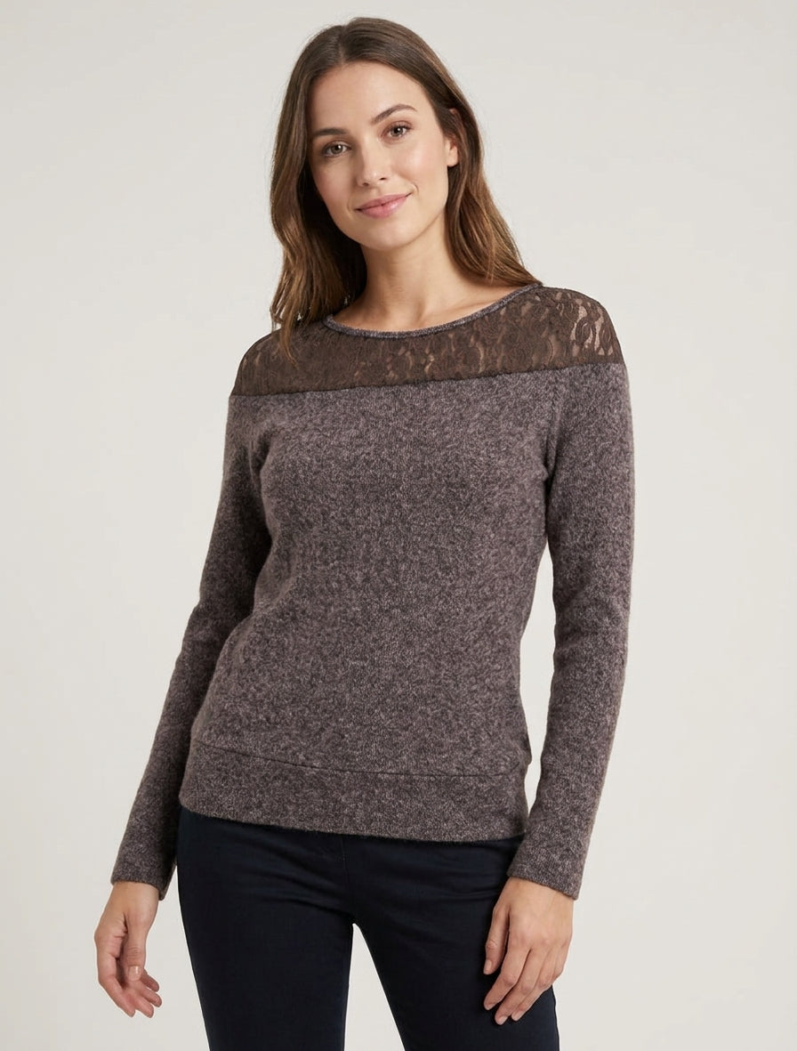 Pull duveteux droit à col rond et empiècement dentelle - Marron
