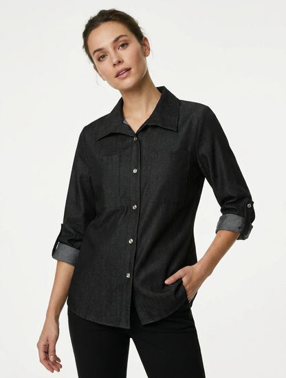 Chemise droite basique à poches plaquées - Noir