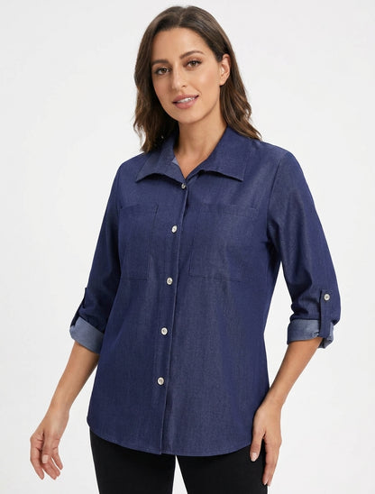 Chemise droite basique à poches plaquées - Bleu denim