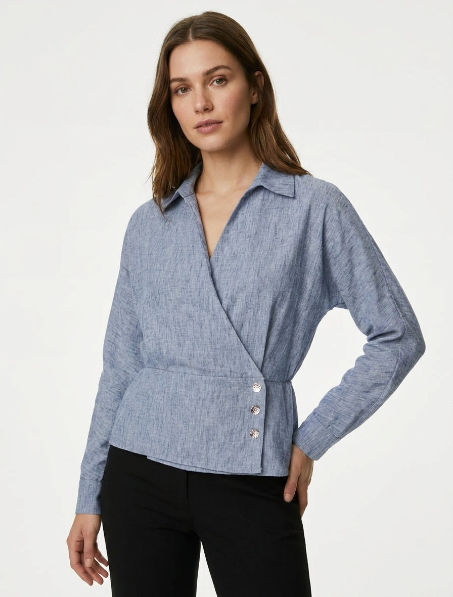 Blouse élastiquée à col cache-coeur - Bleu chiné