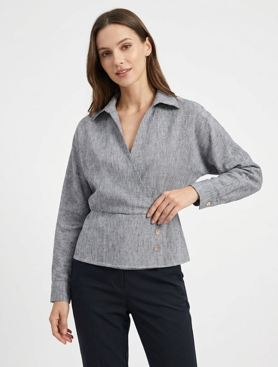 Blouse élastiquée à col cache-coeur - Noir chiné