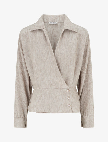Blouse élastiquée à col cache-coeur - Taupe chiné - 1