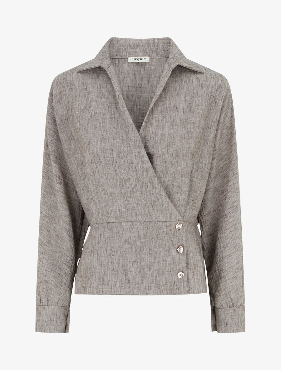 Blouse élastiquée à col cache-coeur - Marron chiné - 1