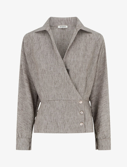 Blouse élastiquée à col cache-coeur - Marron chiné - 1
