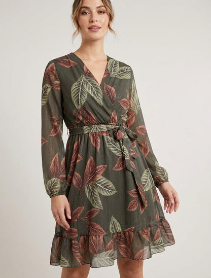 Robe irisée à imprimé feuilles et bords volantés - Kaki