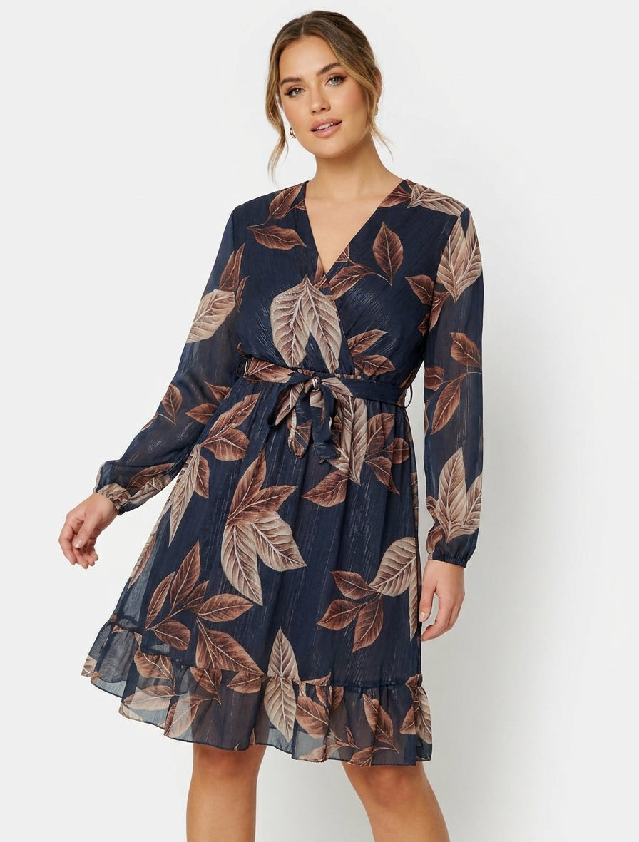 Robe irisée à imprimé feuilles et bords volantés - Bleu nuit