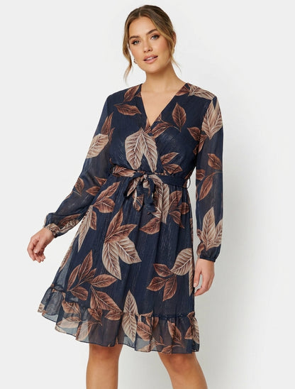 Robe irisée à imprimé feuilles et bords volantés - Bleu nuit