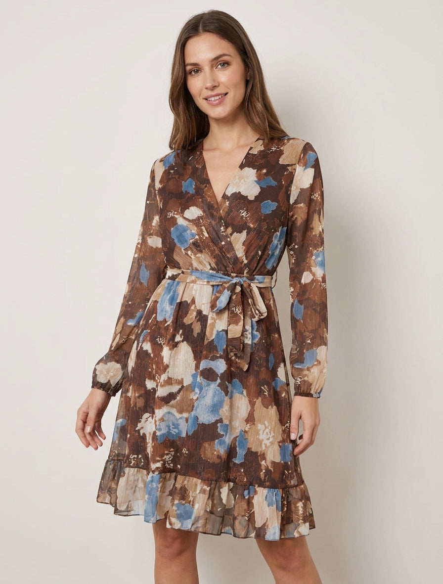 Robe irisée à imprimé fleurs abstraites et bords volantés - Marron