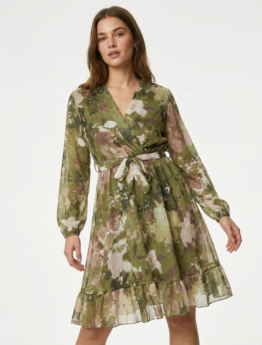 Robe irisée à imprimé fleurs abstraites et bords volantés - Kaki