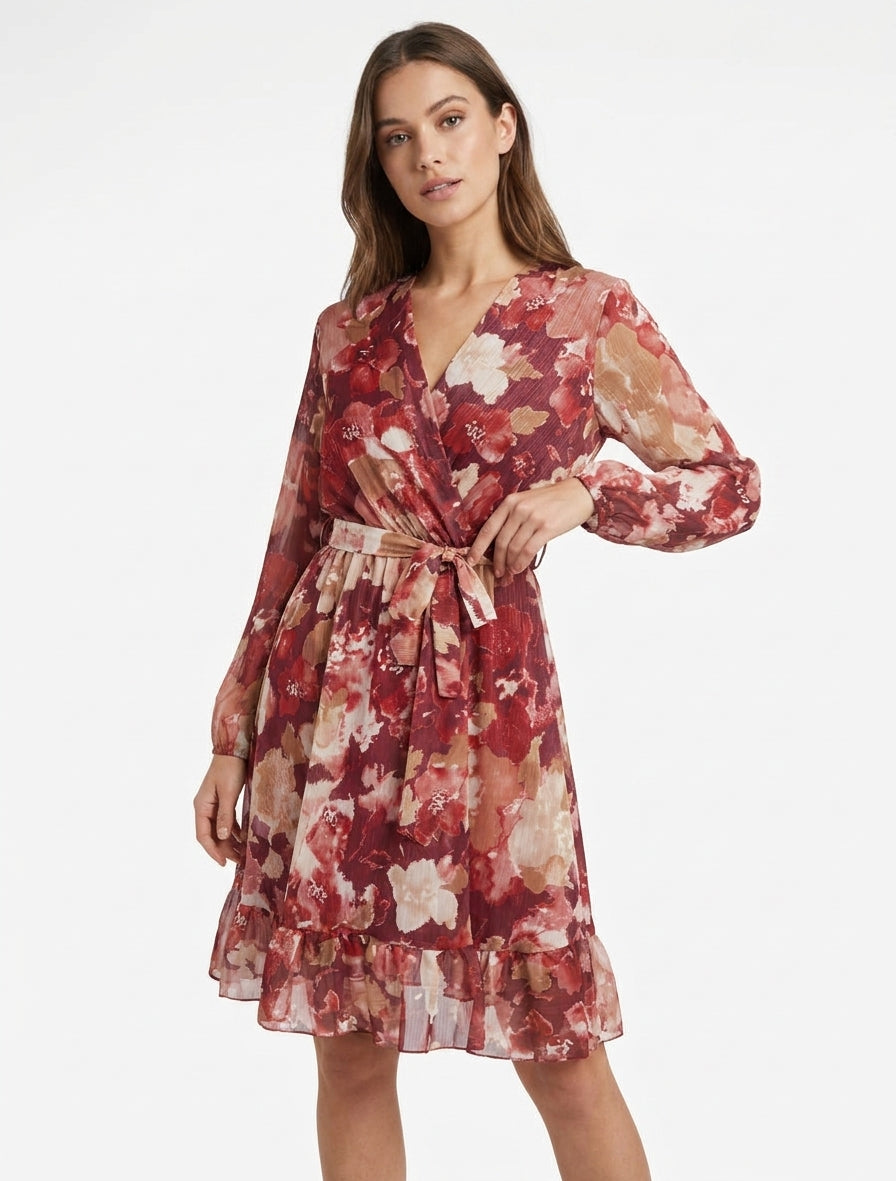 Robe irisée à imprimé fleurs abstraites et bords volantés - Lie de vin