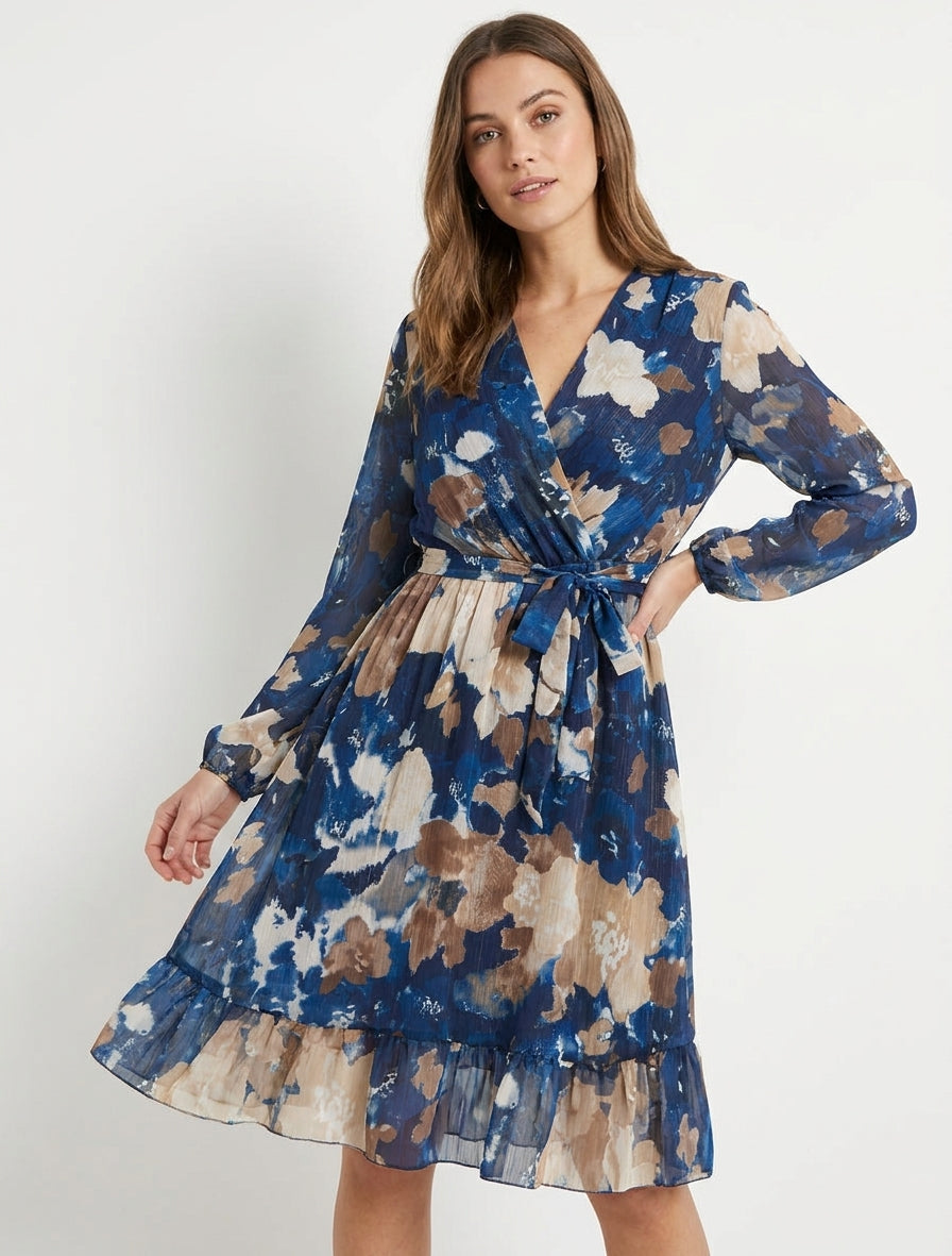 Robe irisée à imprimé fleurs abstraites et bords volantés - Marine