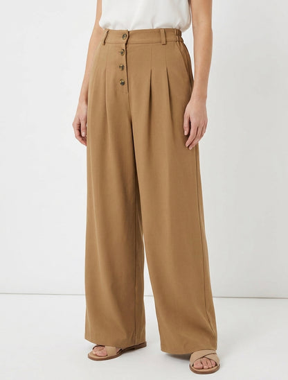 Pantalon ample à taille haute élastiquée et boutonnée - Camel