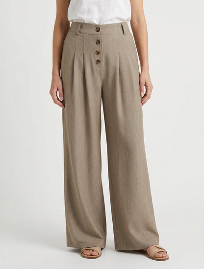 Pantalon ample à taille haute élastiquée et boutonnée - Taupe
