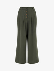 Pantalon ample à taille haute élastiquée et boutonnée - Kaki - 1