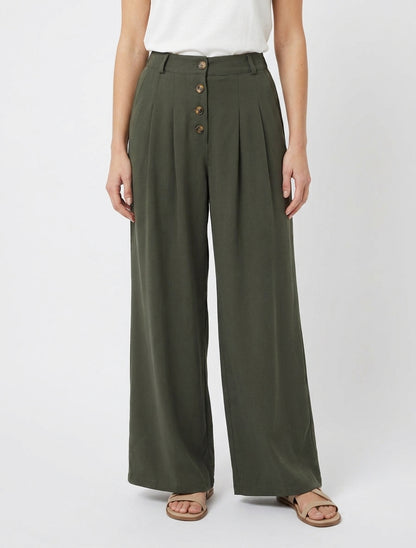 Pantalon ample à taille haute élastiquée et boutonnée - Kaki