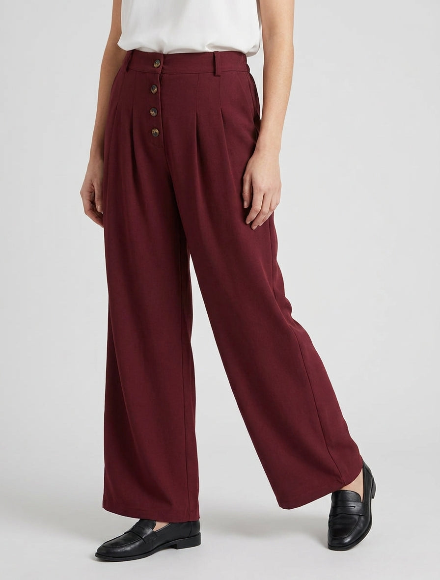 Pantalon ample à taille haute élastiquée et boutonnée - Bordeaux