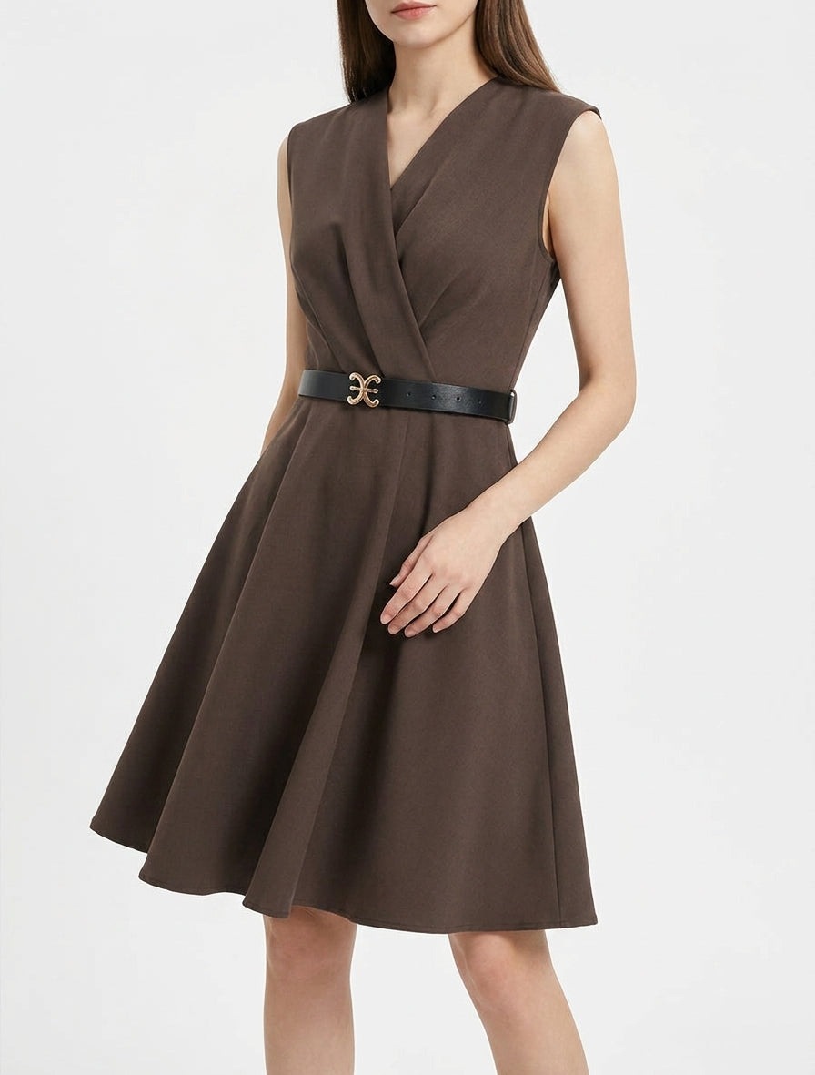Robe patineuse sans manches à col cache-coeur - Marron