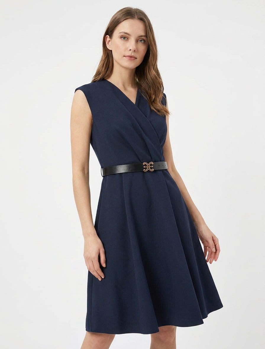 Robe patineuse sans manches à col cache-coeur - Marine