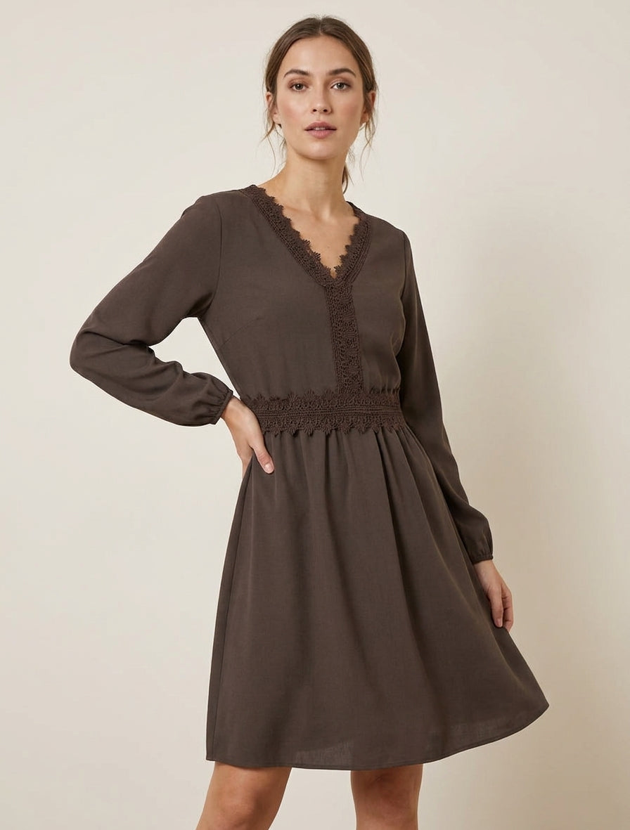 Robe évasée unie à manches longues et dentelle - Marron