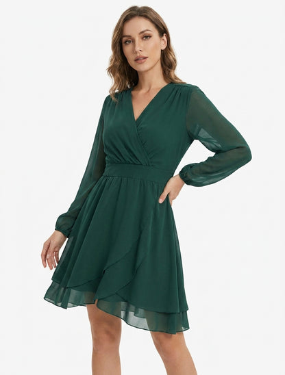Robe unie style portefeuille à manches longues - Vert foncé
