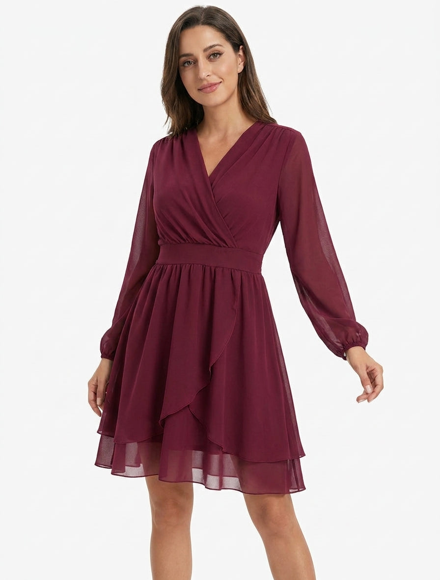 Robe unie style portefeuille à manches longues - Lie de vin