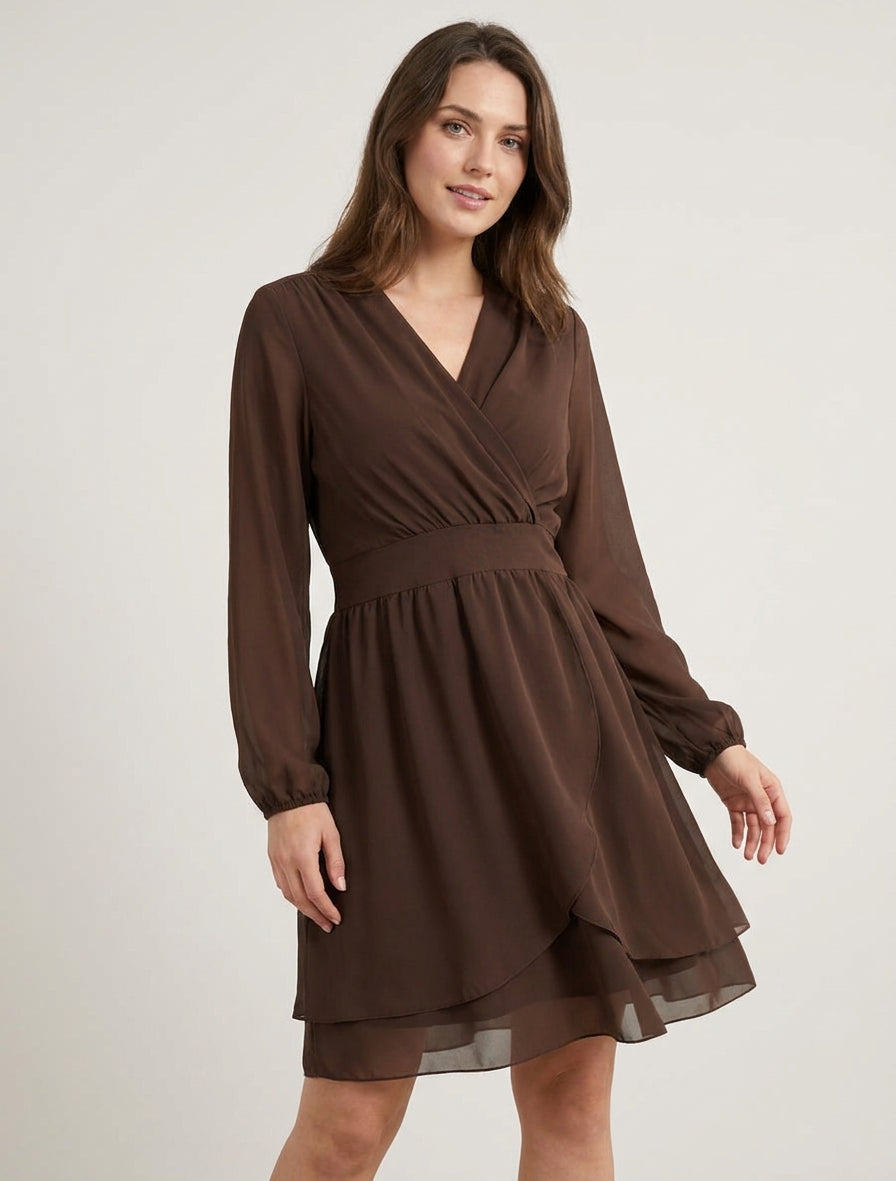 Robe unie style portefeuille à manches longues - Marron