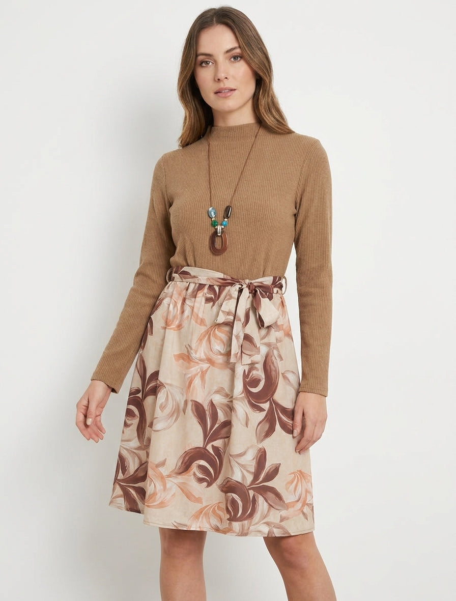 Robe bimatière à imprimé feuillage stylisé - Camel