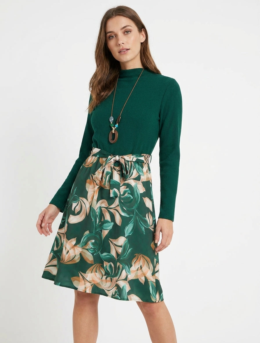 Robe bimatière à imprimé feuillage stylisé - Vert foncé