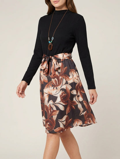 Robe bimatière à imprimé feuillage stylisé - Noir