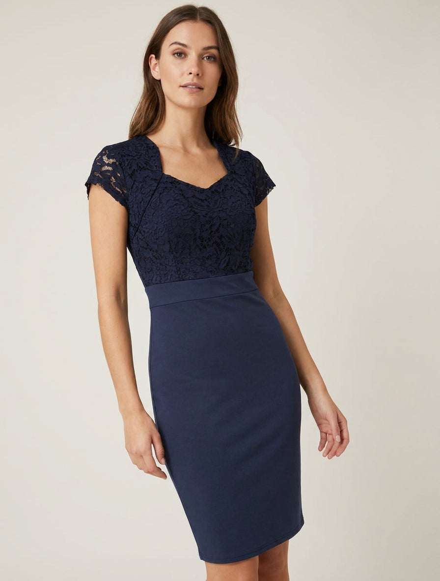 Robe moulante à buste en dentelle et manches courtes - Marine