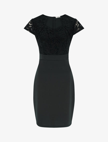 Robe moulante à buste en dentelle et manches courtes - Noir - 1