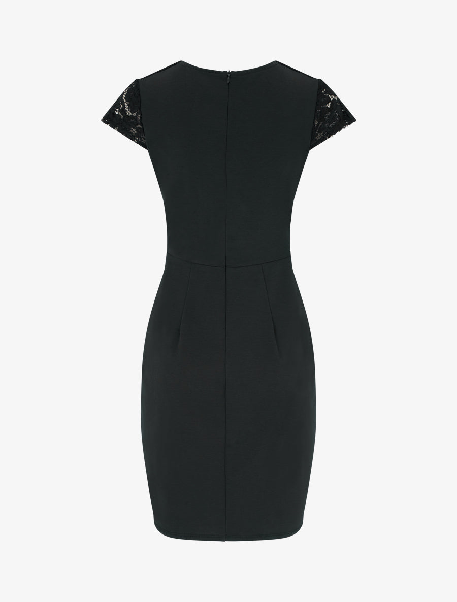Robe moulante à buste en dentelle et manches courtes - Noir - 2