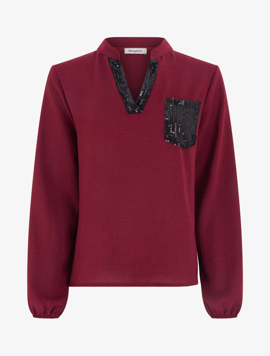 Top droit à col V et poche à sequins - Lie de vin - 1