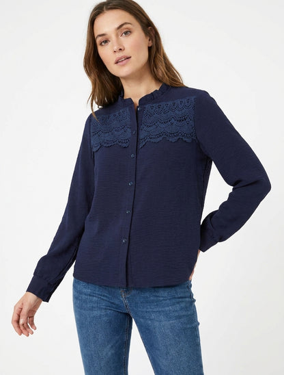 Blouse à col montant volanté et dentelle - Marine