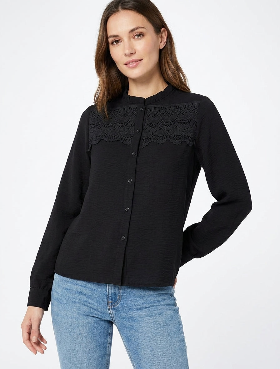 Blouse à col montant volanté et dentelle - Noir