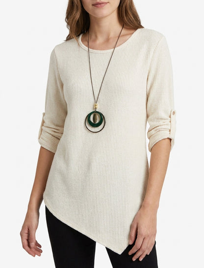 Pull effet côtelé à manches longues retroussables - Crème