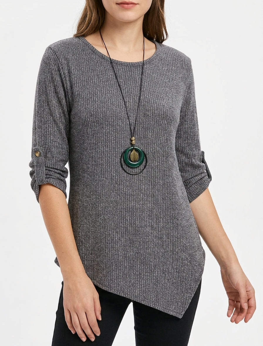 Pull effet côtelé à manches longues retroussables - Gris