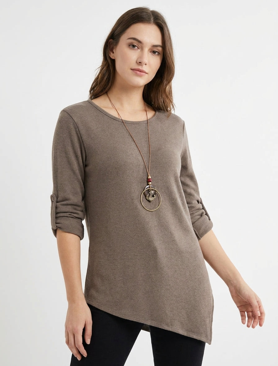Pull uni à manches longues retroussables - Taupe
