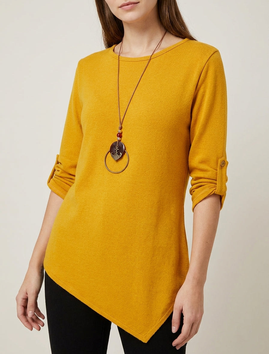 Pull uni à manches longues retroussables - Jaune moutarde