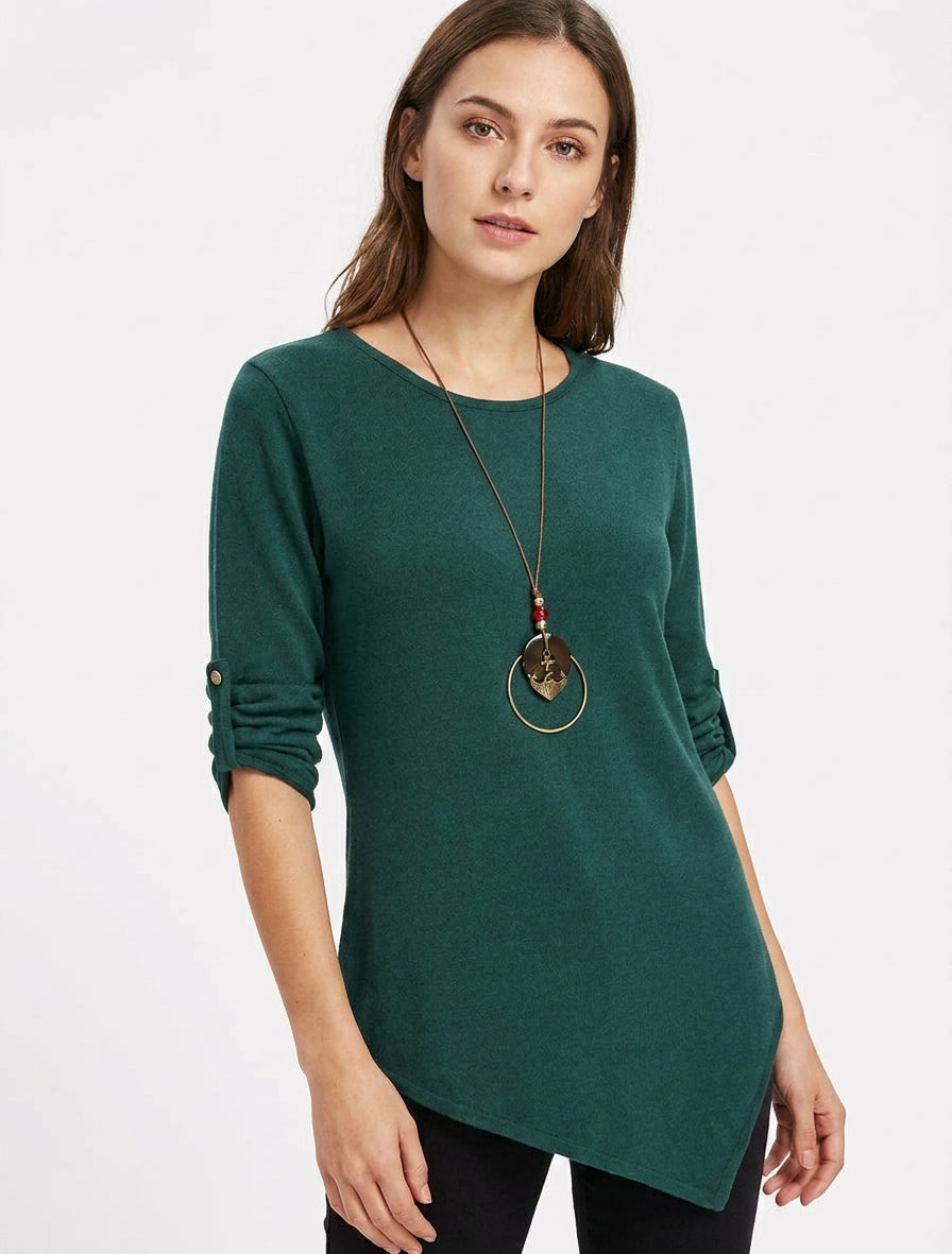 Pull uni à manches longues retroussables - Vert sapin