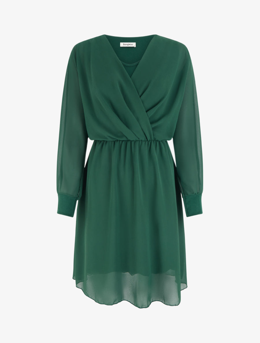 Robe évasée en voile à col cache-coeur - Vert foncé - 1