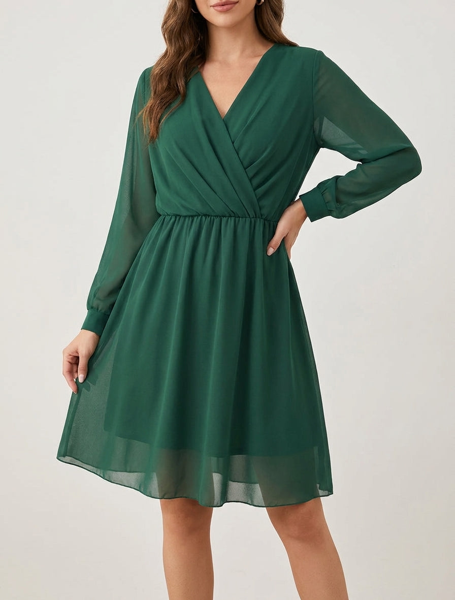 Robe évasée en voile à col cache-coeur - Vert foncé