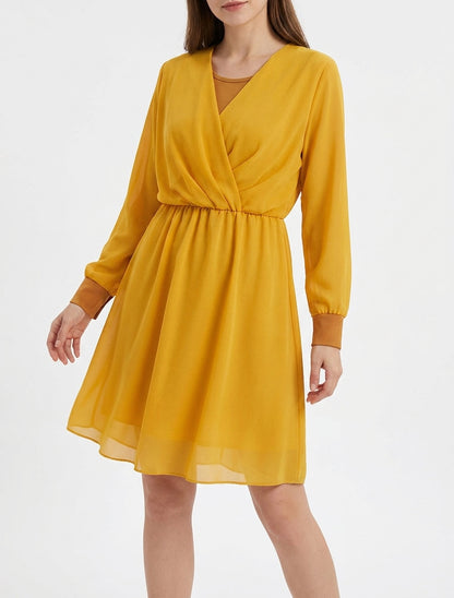 Robe évasée en voile à col cache-coeur - Moutarde