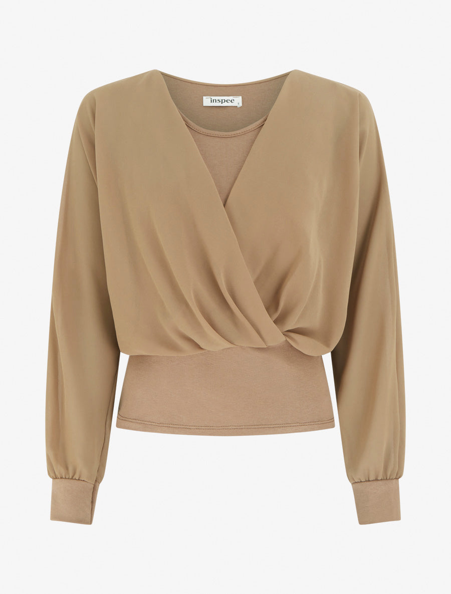 Top à manches style chauve-souris et pans cache-coeur - Beige foncé - 1