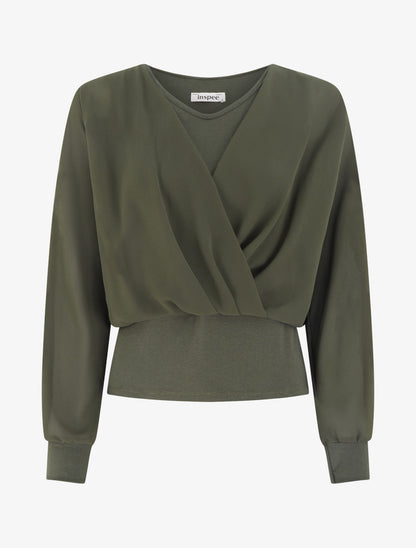Top à manches style chauve-souris et pans cache-coeur - Kaki - 1