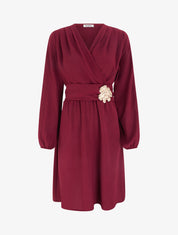 Robe à col cache-coeur et bijou martelé - Lie de vin - 1