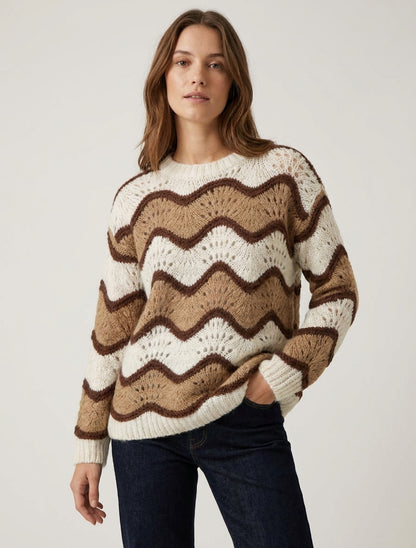 Pull en mohair mélangé à motif rayures courbées - Camel/écru