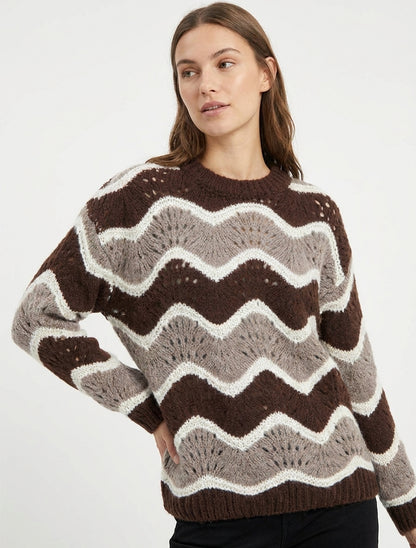 Pull en mohair mélangé à motif rayures courbées - Marron/taupe