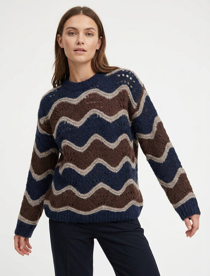 Pull en mohair mélangé à motif rayures courbées - Marron/marine