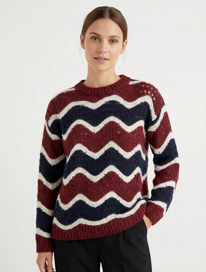 Pull en mohair mélangé à motif rayures courbées - Marine/bordeaux